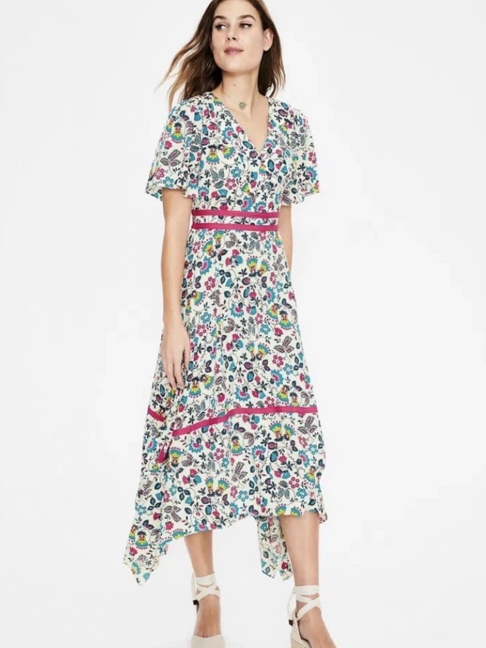 Boden White Floral Handkerchief-Hem Dress with Pink Trim
